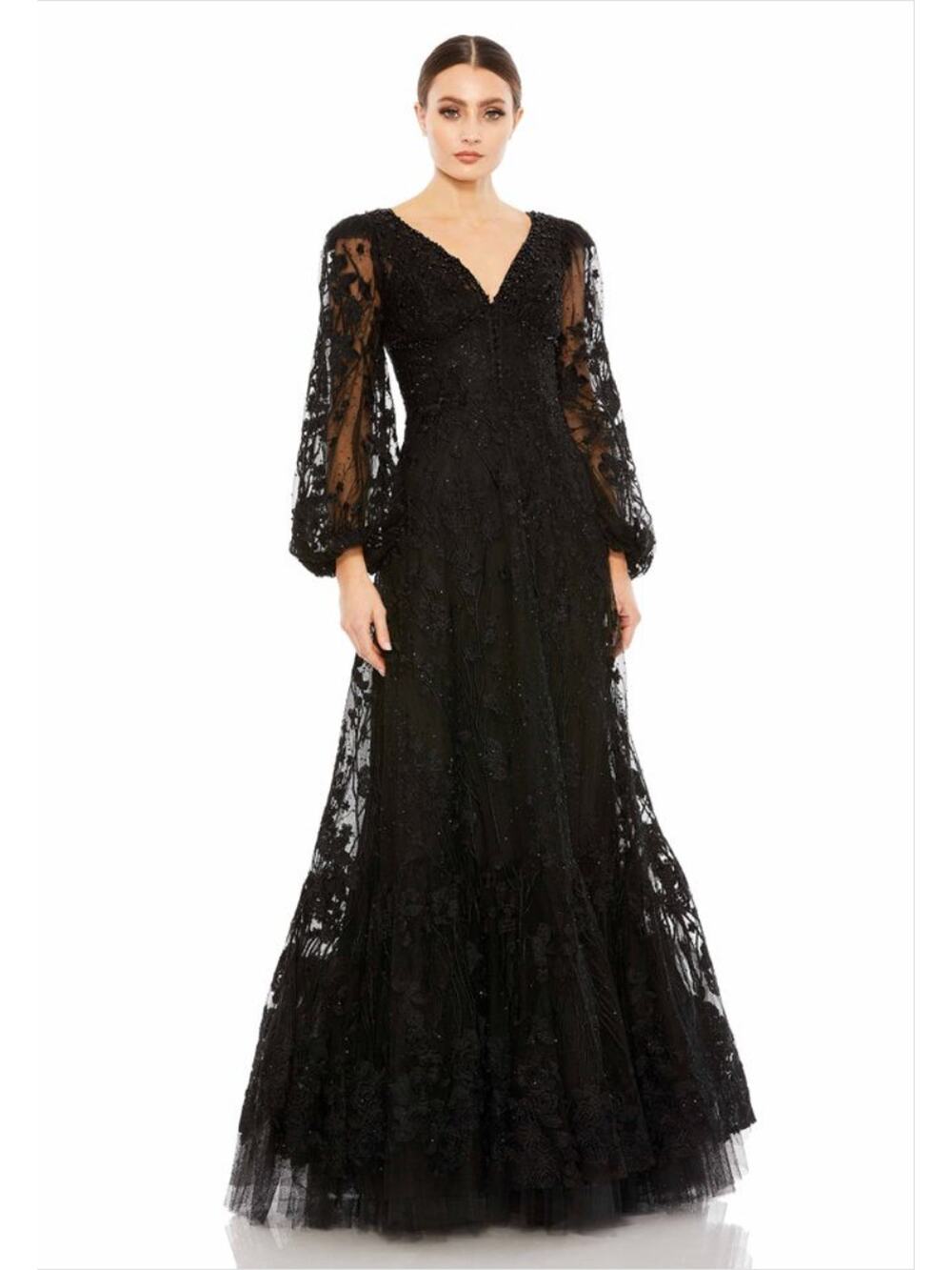 Mac Duggal 20430 Black Beaded Lace Gown | Long Sleeve Formal Evening Dress NWT